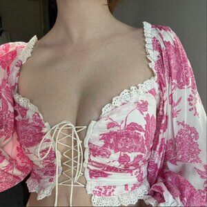 Floral Print Cottegecore Lace Up Corset Top